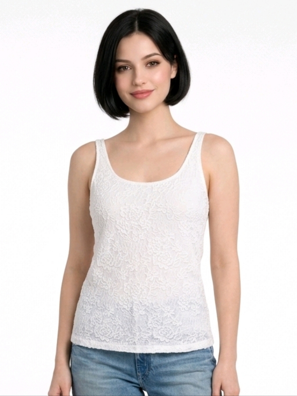 Chico's White Floral Lace Lined Stretch Knit Tank Top Size 3